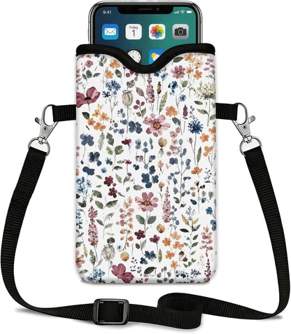 Neoprene Phone Sleeve Pouch Case Bag for Women Men with Crossbody Strap, 7.1x3.9 in, Shockproof Black Cat Mobile Protection Case Bag with Neck Lanyard, Black Cat Garden, Gift for Cats Lovers - Colors B