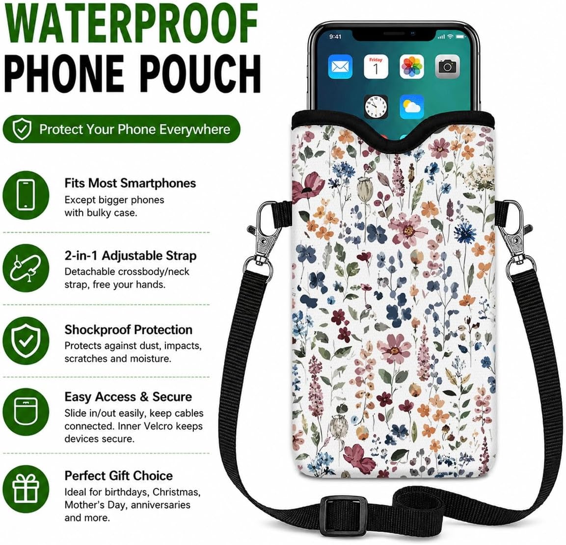 Neoprene Phone Sleeve Pouch Case Bag for Women Men with Crossbody Strap, 7.1x3.9 in, Shockproof Black Cat Mobile Protection Case Bag with Neck Lanyard, Black Cat Garden, Gift for Cats Lovers - Colors B