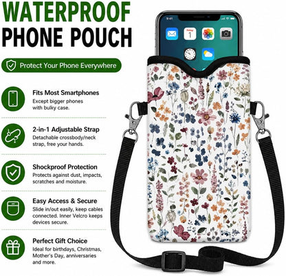 Neoprene Phone Sleeve Pouch Case Bag for Women Men with Crossbody Strap, 7.1x3.9 in, Shockproof Black Cat Mobile Protection Case Bag with Neck Lanyard, Black Cat Garden, Gift for Cats Lovers - Colors B