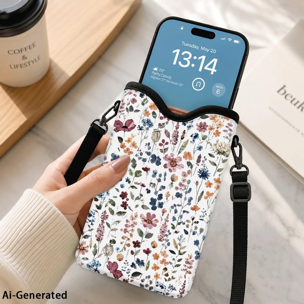 Neoprene Phone Sleeve Pouch Case Bag for Women Men with Crossbody Strap, 7.1x3.9 in, Shockproof Black Cat Mobile Protection Case Bag with Neck Lanyard, Black Cat Garden, Gift for Cats Lovers - Colors B
