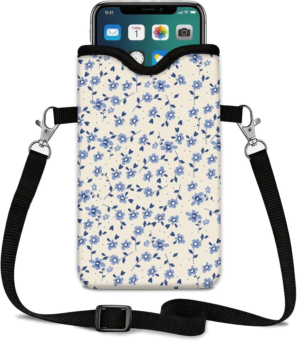Neoprene Phone Sleeve Pouch Case Bag for Women Men with Crossbody Strap, 7.1x3.9 in, Shockproof Black Cat Mobile Protection Case Bag with Neck Lanyard, Black Cat Garden, Gift for Cats Lovers - Colors B