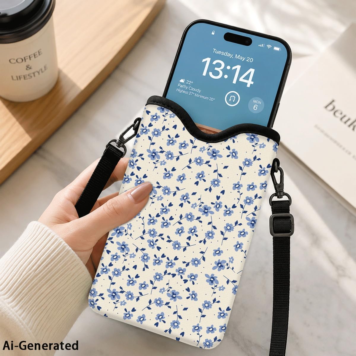 Neoprene Phone Sleeve Pouch Case Bag for Women Men with Crossbody Strap, 7.1x3.9 in, Shockproof Black Cat Mobile Protection Case Bag with Neck Lanyard, Black Cat Garden, Gift for Cats Lovers - Colors B