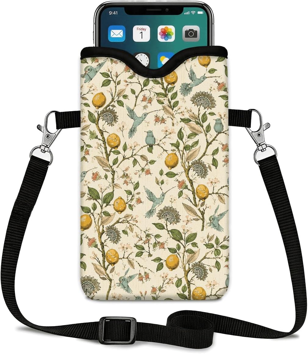 Neoprene Phone Sleeve Pouch Case Bag for Women Men with Crossbody Strap, 7.1x3.9 in, Shockproof Black Cat Mobile Protection Case Bag with Neck Lanyard, Black Cat Garden, Gift for Cats Lovers - Colors B