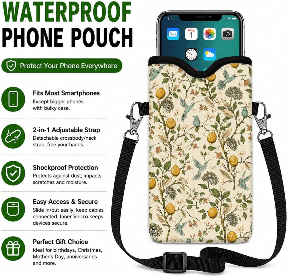 Neoprene Phone Sleeve Pouch Case Bag for Women Men with Crossbody Strap, 7.1x3.9 in, Shockproof Black Cat Mobile Protection Case Bag with Neck Lanyard, Black Cat Garden, Gift for Cats Lovers - Colors B