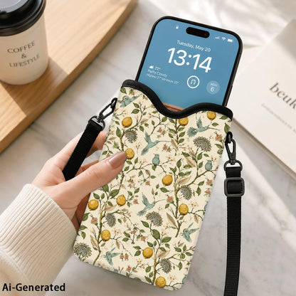 Neoprene Phone Sleeve Pouch Case Bag for Women Men with Crossbody Strap, 7.1x3.9 in, Shockproof Black Cat Mobile Protection Case Bag with Neck Lanyard, Black Cat Garden, Gift for Cats Lovers - Colors B