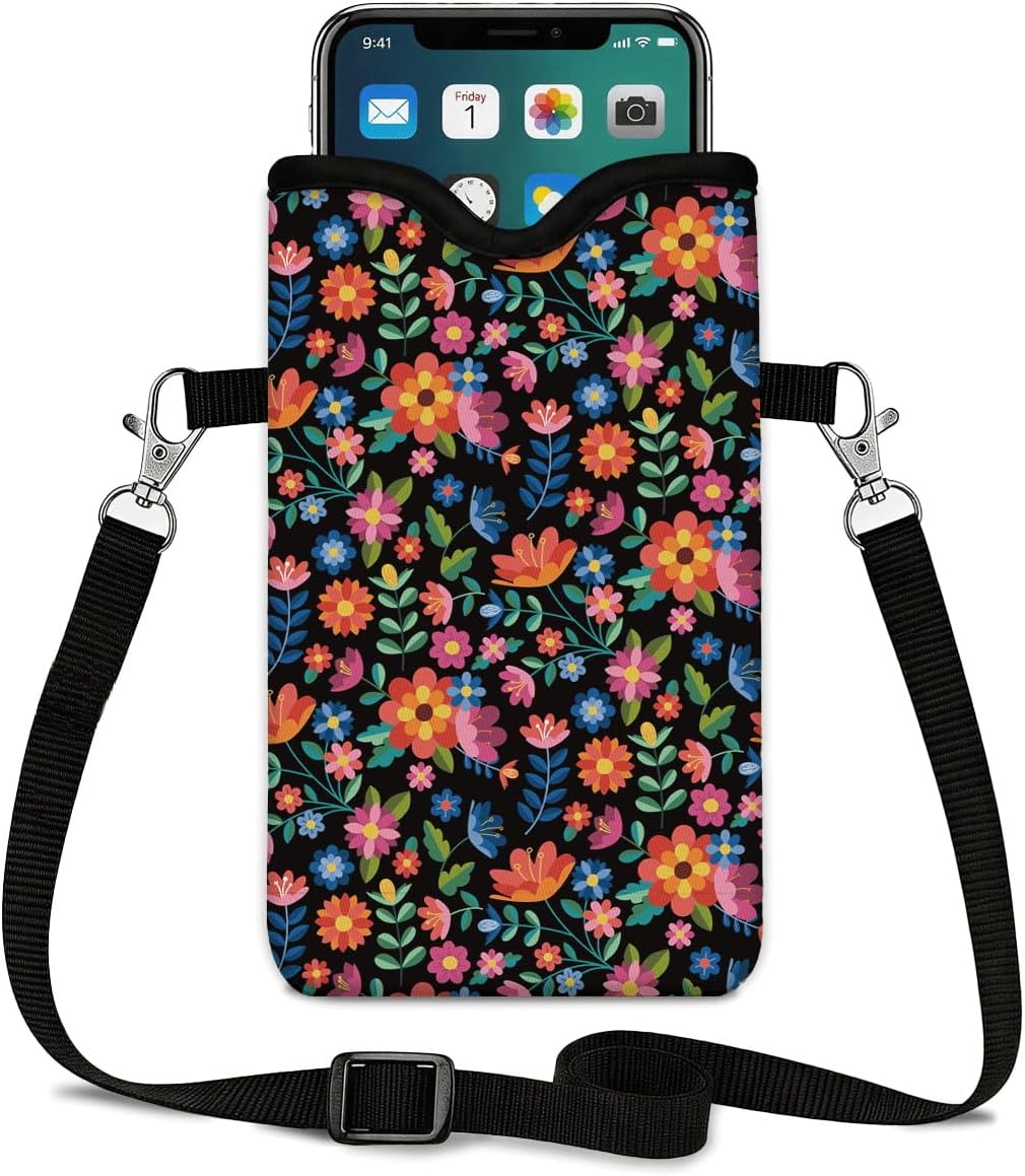 Neoprene Phone Sleeve Pouch Case Bag for Women Men with Crossbody Strap, 7.1x3.9 in, Shockproof Black Cat Mobile Protection Case Bag with Neck Lanyard, Black Cat Garden, Gift for Cats Lovers - Colors B