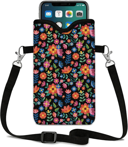 Neoprene Phone Sleeve Pouch Case Bag for Women Men with Crossbody Strap, 7.1x3.9 in, Shockproof Black Cat Mobile Protection Case Bag with Neck Lanyard, Black Cat Garden, Gift for Cats Lovers - Colors B