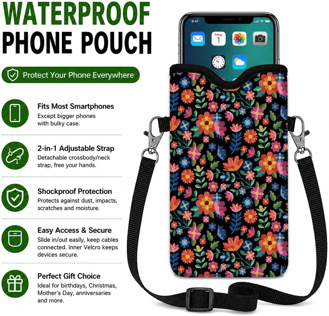 Neoprene Phone Sleeve Pouch Case Bag for Women Men with Crossbody Strap, 7.1x3.9 in, Shockproof Black Cat Mobile Protection Case Bag with Neck Lanyard, Black Cat Garden, Gift for Cats Lovers - Colors B