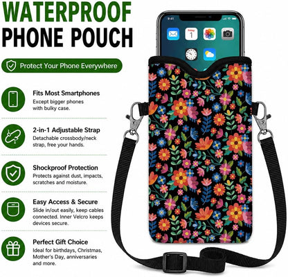 Neoprene Phone Sleeve Pouch Case Bag for Women Men with Crossbody Strap, 7.1x3.9 in, Shockproof Black Cat Mobile Protection Case Bag with Neck Lanyard, Black Cat Garden, Gift for Cats Lovers - Colors B