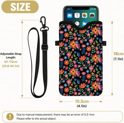 Neoprene Phone Sleeve Pouch Case Bag for Women Men with Crossbody Strap, 7.1x3.9 in, Shockproof Black Cat Mobile Protection Case Bag with Neck Lanyard, Black Cat Garden, Gift for Cats Lovers - Colors B