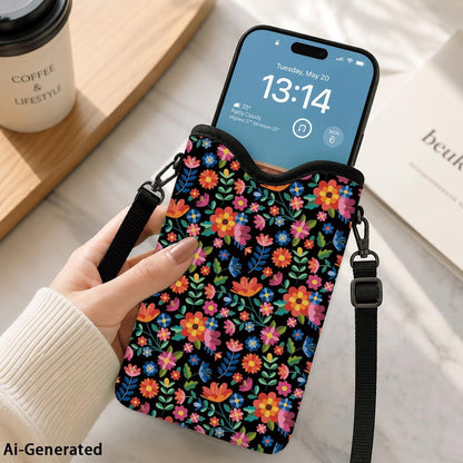Neoprene Phone Sleeve Pouch Case Bag for Women Men with Crossbody Strap, 7.1x3.9 in, Shockproof Black Cat Mobile Protection Case Bag with Neck Lanyard, Black Cat Garden, Gift for Cats Lovers - Colors B