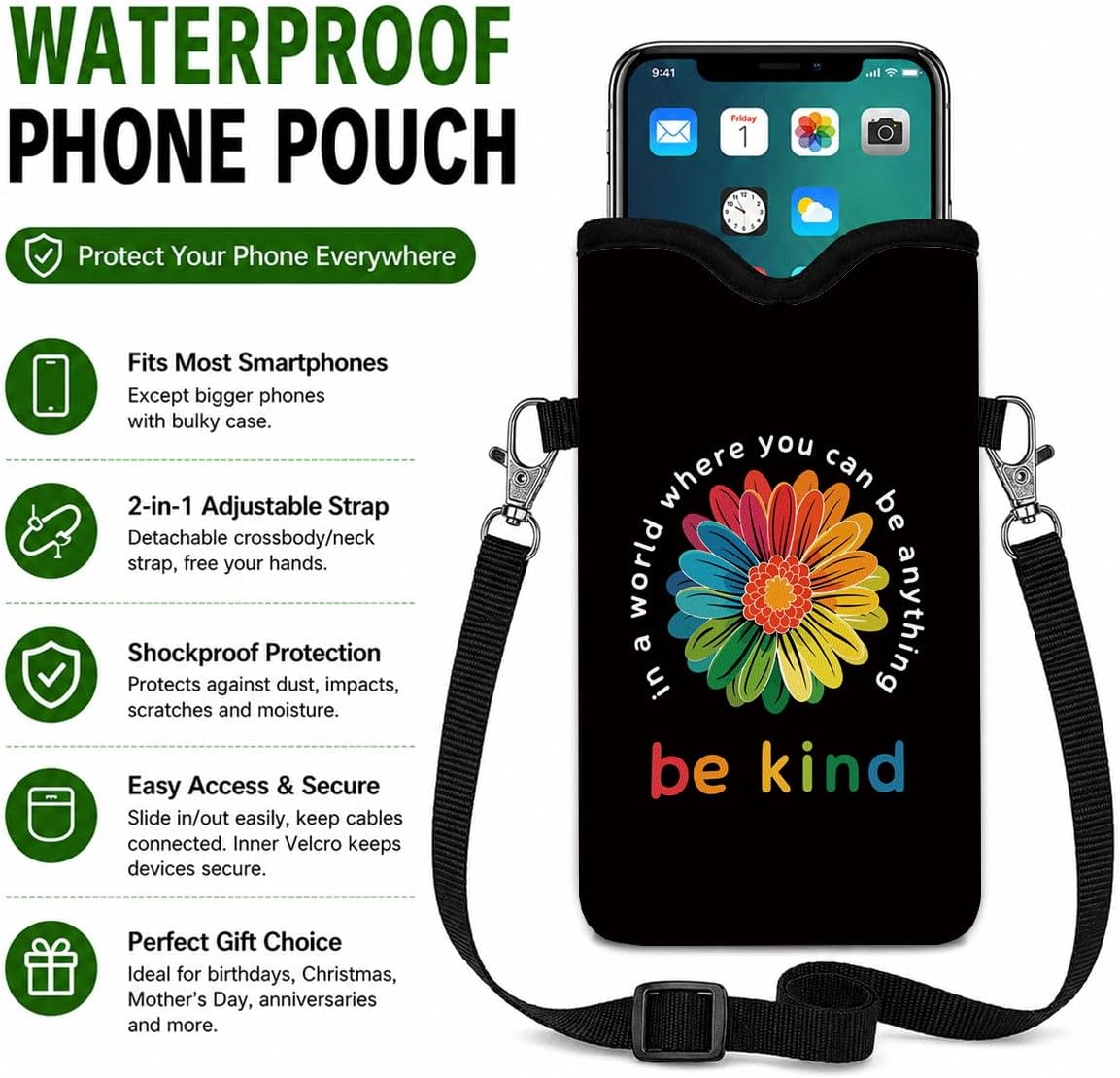 Neoprene Phone Sleeve Pouch Case Bag for Women Men with Crossbody Strap, 7.1x3.9 in, Shockproof Black Cat Mobile Protection Case Bag with Neck Lanyard, Black Cat Garden, Gift for Cats Lovers - Colors B