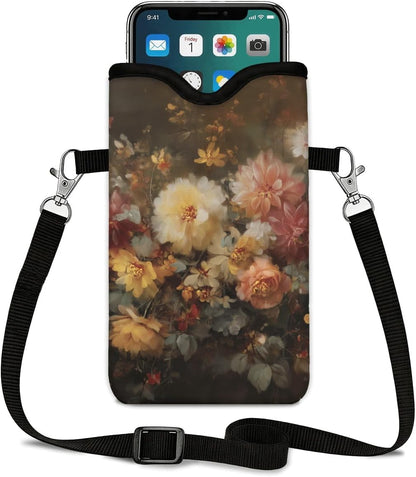 Neoprene Phone Sleeve Pouch Case Bag for Women Men with Crossbody Strap, 7.1x3.9 in, Shockproof Black Cat Mobile Protection Case Bag with Neck Lanyard, Black Cat Garden, Gift for Cats Lovers - Colors B
