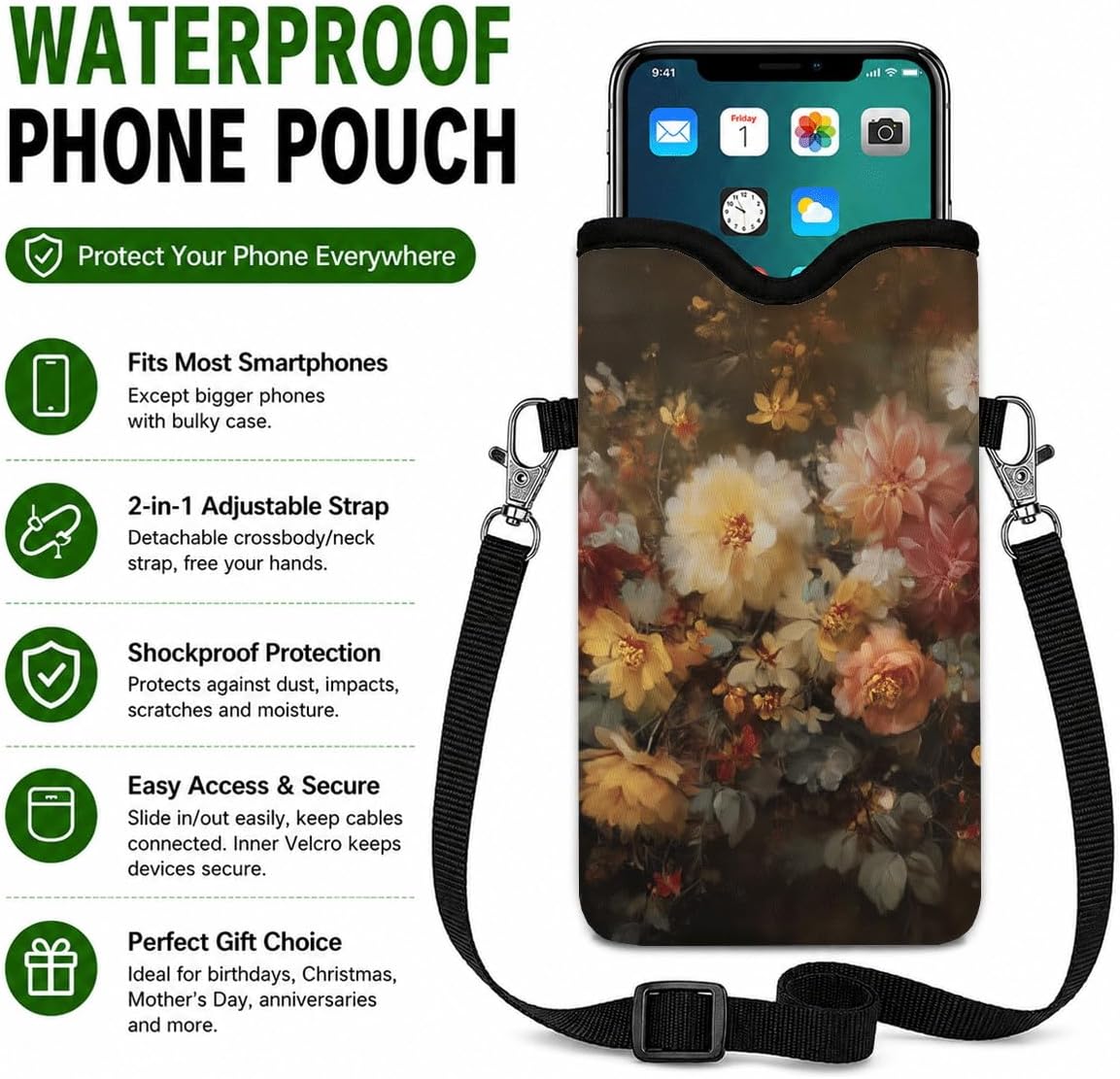 Neoprene Phone Sleeve Pouch Case Bag for Women Men with Crossbody Strap, 7.1x3.9 in, Shockproof Black Cat Mobile Protection Case Bag with Neck Lanyard, Black Cat Garden, Gift for Cats Lovers - Colors B