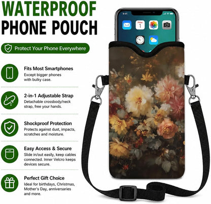 Neoprene Phone Sleeve Pouch Case Bag for Women Men with Crossbody Strap, 7.1x3.9 in, Shockproof Black Cat Mobile Protection Case Bag with Neck Lanyard, Black Cat Garden, Gift for Cats Lovers - Colors B