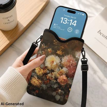 Neoprene Phone Sleeve Pouch Case Bag for Women Men with Crossbody Strap, 7.1x3.9 in, Shockproof Black Cat Mobile Protection Case Bag with Neck Lanyard, Black Cat Garden, Gift for Cats Lovers - Colors B