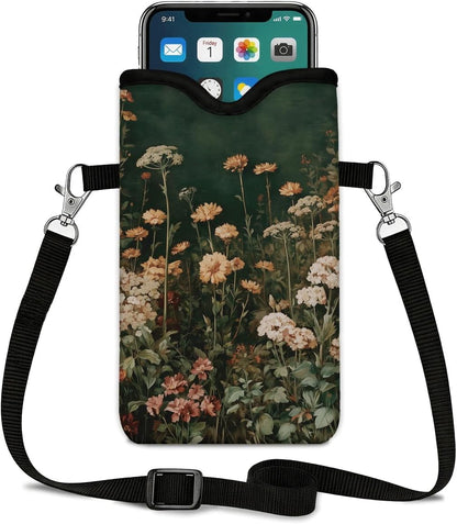 Neoprene Phone Sleeve Pouch Case Bag for Women Men with Crossbody Strap, 7.1x3.9 in, Shockproof Black Cat Mobile Protection Case Bag with Neck Lanyard, Black Cat Garden, Gift for Cats Lovers - Colors B