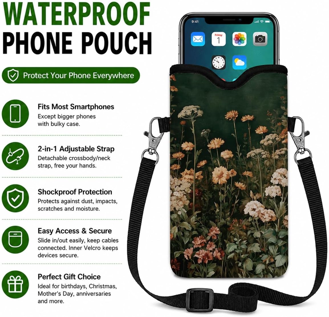 Neoprene Phone Sleeve Pouch Case Bag for Women Men with Crossbody Strap, 7.1x3.9 in, Shockproof Black Cat Mobile Protection Case Bag with Neck Lanyard, Black Cat Garden, Gift for Cats Lovers - Colors B