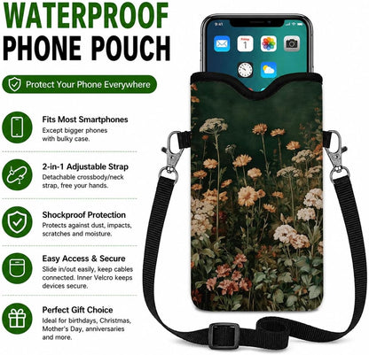 Neoprene Phone Sleeve Pouch Case Bag for Women Men with Crossbody Strap, 7.1x3.9 in, Shockproof Black Cat Mobile Protection Case Bag with Neck Lanyard, Black Cat Garden, Gift for Cats Lovers - Colors B