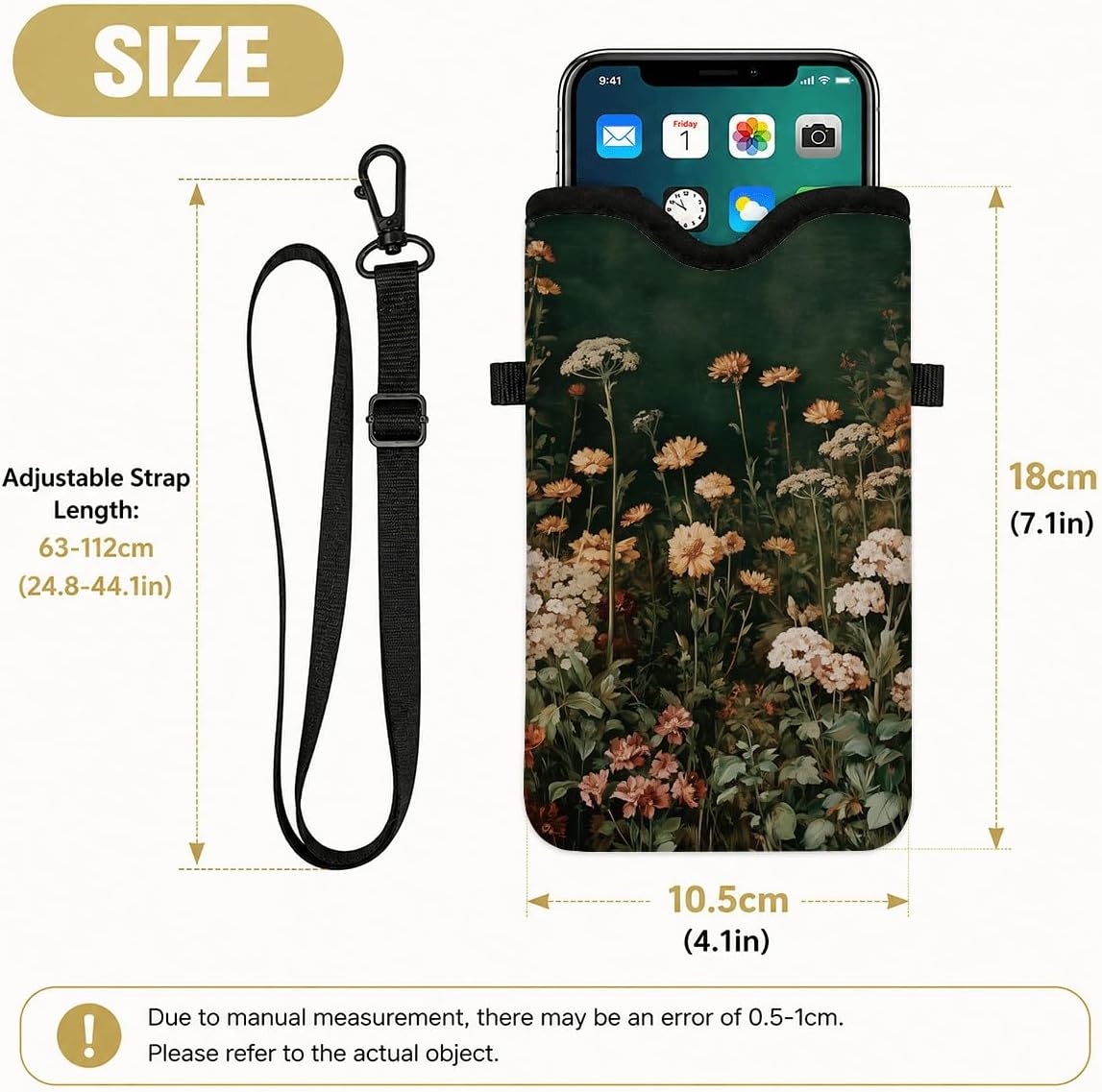 Neoprene Phone Sleeve Pouch Case Bag for Women Men with Crossbody Strap, 7.1x3.9 in, Shockproof Black Cat Mobile Protection Case Bag with Neck Lanyard, Black Cat Garden, Gift for Cats Lovers - Colors B
