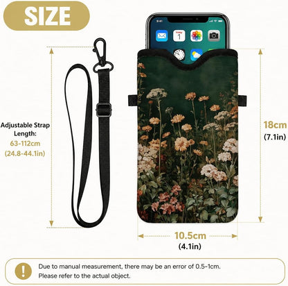 Neoprene Phone Sleeve Pouch Case Bag for Women Men with Crossbody Strap, 7.1x3.9 in, Shockproof Black Cat Mobile Protection Case Bag with Neck Lanyard, Black Cat Garden, Gift for Cats Lovers - Colors B
