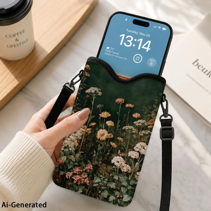 Neoprene Phone Sleeve Pouch Case Bag for Women Men with Crossbody Strap, 7.1x3.9 in, Shockproof Black Cat Mobile Protection Case Bag with Neck Lanyard, Black Cat Garden, Gift for Cats Lovers - Colors B