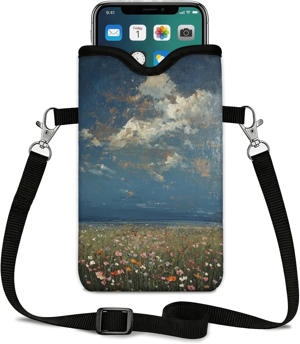 Neoprene Phone Sleeve Pouch Case Bag for Women Men with Crossbody Strap, 7.1x3.9 in, Shockproof Black Cat Mobile Protection Case Bag with Neck Lanyard, Black Cat Garden, Gift for Cats Lovers - Colors B