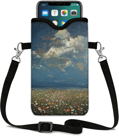 Neoprene Phone Sleeve Pouch Case Bag for Women Men with Crossbody Strap, 7.1x3.9 in, Shockproof Black Cat Mobile Protection Case Bag with Neck Lanyard, Black Cat Garden, Gift for Cats Lovers - Colors B