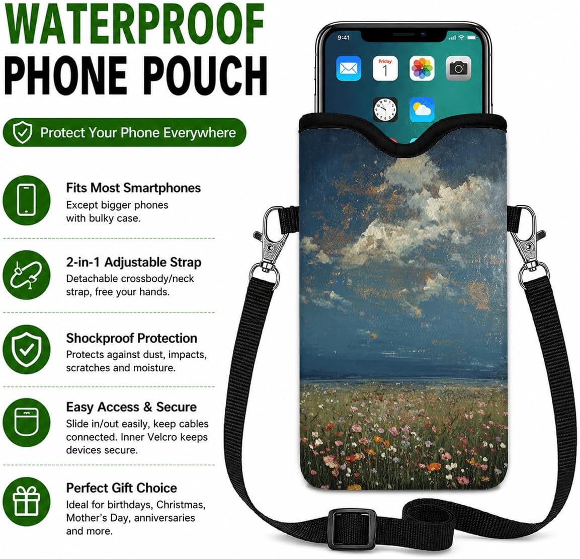 Neoprene Phone Sleeve Pouch Case Bag for Women Men with Crossbody Strap, 7.1x3.9 in, Shockproof Black Cat Mobile Protection Case Bag with Neck Lanyard, Black Cat Garden, Gift for Cats Lovers - Colors B