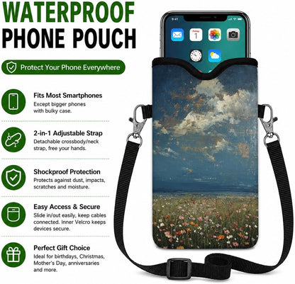 Neoprene Phone Sleeve Pouch Case Bag for Women Men with Crossbody Strap, 7.1x3.9 in, Shockproof Black Cat Mobile Protection Case Bag with Neck Lanyard, Black Cat Garden, Gift for Cats Lovers - Colors B