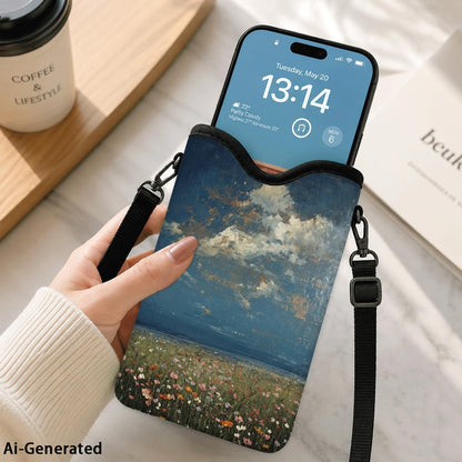 Neoprene Phone Sleeve Pouch Case Bag for Women Men with Crossbody Strap, 7.1x3.9 in, Shockproof Black Cat Mobile Protection Case Bag with Neck Lanyard, Black Cat Garden, Gift for Cats Lovers - Colors B
