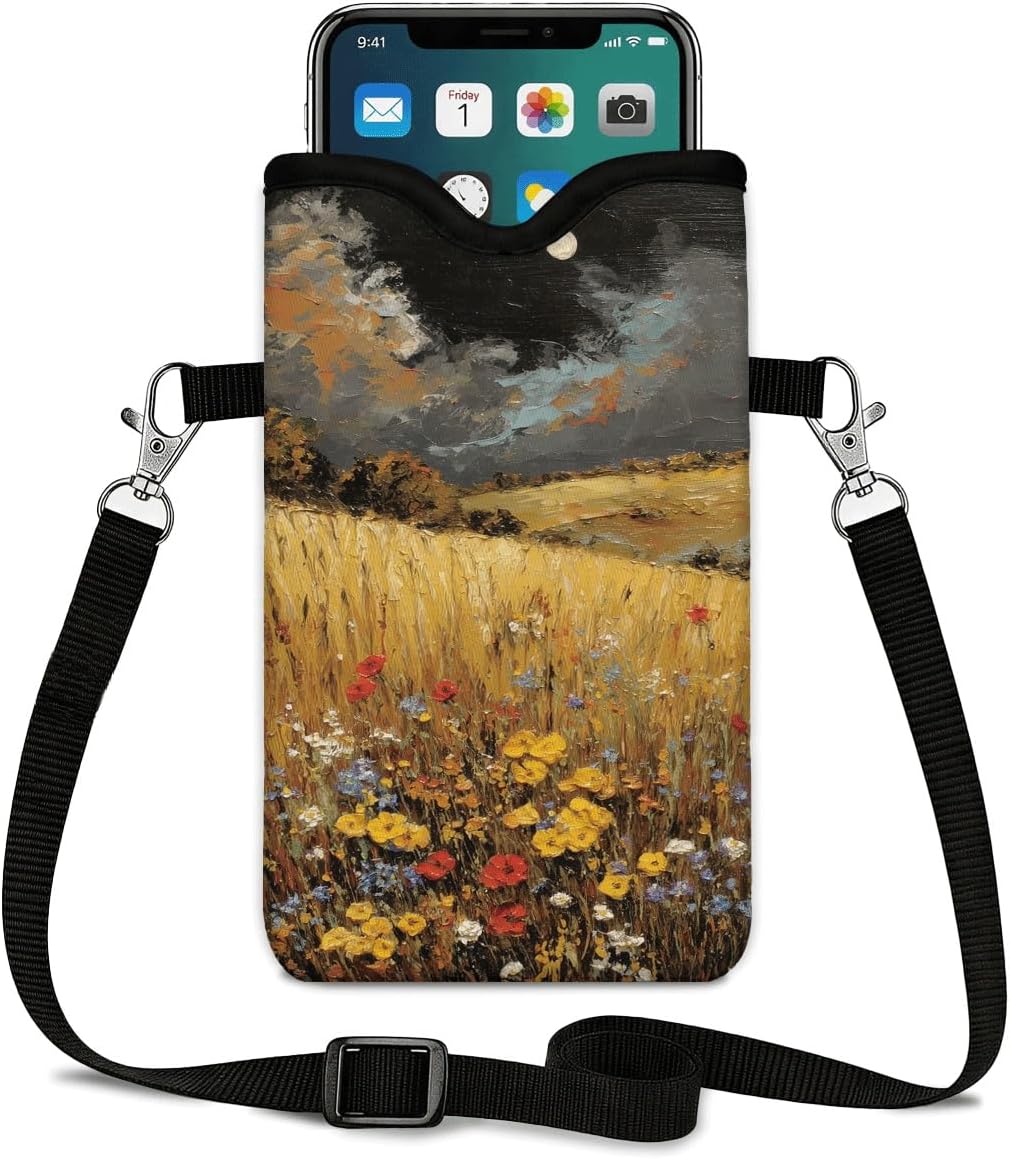 Neoprene Phone Sleeve Pouch Case Bag for Women Men with Crossbody Strap, 7.1x3.9 in, Shockproof Black Cat Mobile Protection Case Bag with Neck Lanyard, Black Cat Garden, Gift for Cats Lovers - Colors B