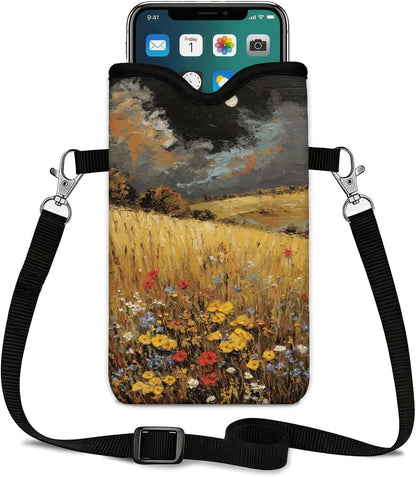 Neoprene Phone Sleeve Pouch Case Bag for Women Men with Crossbody Strap, 7.1x3.9 in, Shockproof Black Cat Mobile Protection Case Bag with Neck Lanyard, Black Cat Garden, Gift for Cats Lovers - Colors B
