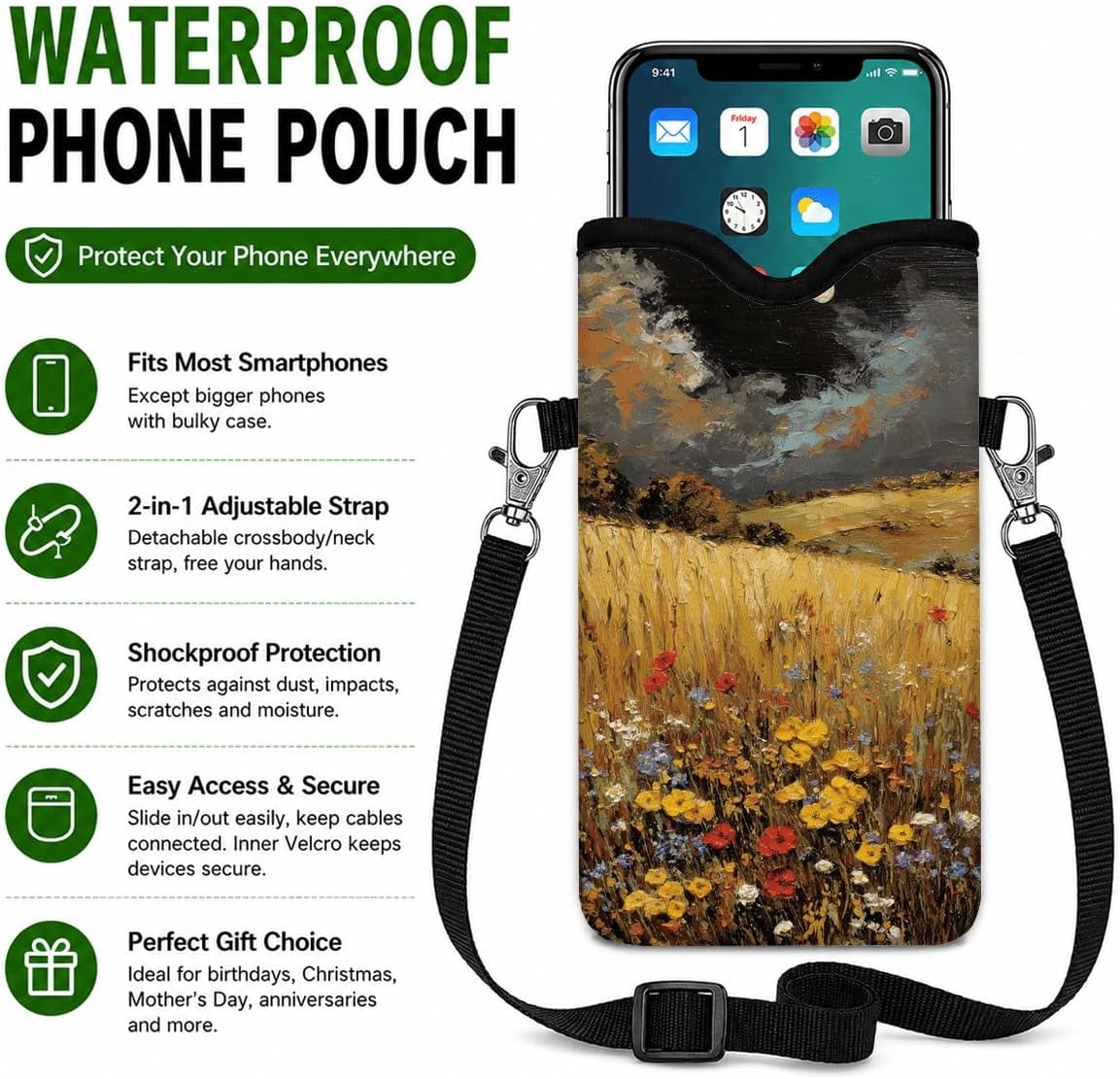 Neoprene Phone Sleeve Pouch Case Bag for Women Men with Crossbody Strap, 7.1x3.9 in, Shockproof Black Cat Mobile Protection Case Bag with Neck Lanyard, Black Cat Garden, Gift for Cats Lovers - Colors B