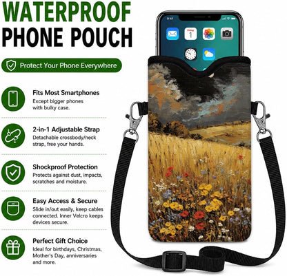 Neoprene Phone Sleeve Pouch Case Bag for Women Men with Crossbody Strap, 7.1x3.9 in, Shockproof Black Cat Mobile Protection Case Bag with Neck Lanyard, Black Cat Garden, Gift for Cats Lovers - Colors B