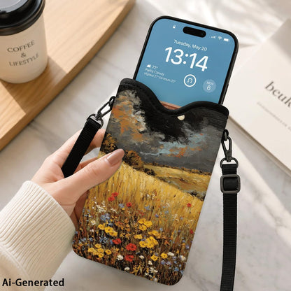 Neoprene Phone Sleeve Pouch Case Bag for Women Men with Crossbody Strap, 7.1x3.9 in, Shockproof Black Cat Mobile Protection Case Bag with Neck Lanyard, Black Cat Garden, Gift for Cats Lovers - Colors B
