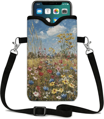 Neoprene Phone Sleeve Pouch Case Bag for Women Men with Crossbody Strap, 7.1x3.9 in, Shockproof Black Cat Mobile Protection Case Bag with Neck Lanyard, Black Cat Garden, Gift for Cats Lovers - Colors B