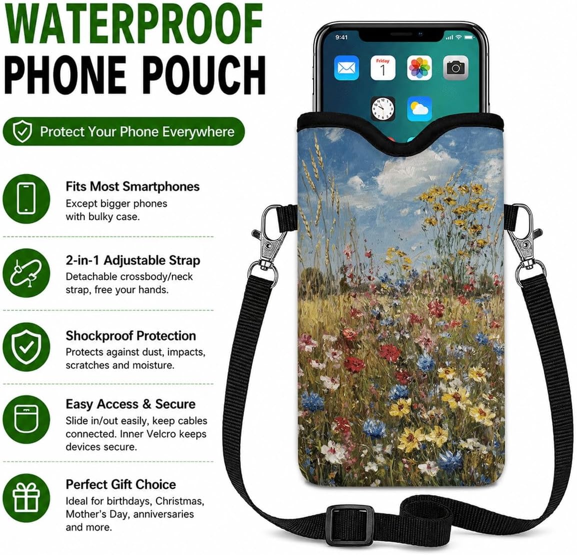 Neoprene Phone Sleeve Pouch Case Bag for Women Men with Crossbody Strap, 7.1x3.9 in, Shockproof Black Cat Mobile Protection Case Bag with Neck Lanyard, Black Cat Garden, Gift for Cats Lovers - Colors B