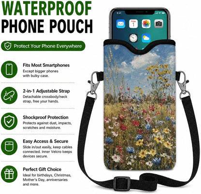 Neoprene Phone Sleeve Pouch Case Bag for Women Men with Crossbody Strap, 7.1x3.9 in, Shockproof Black Cat Mobile Protection Case Bag with Neck Lanyard, Black Cat Garden, Gift for Cats Lovers - Colors B
