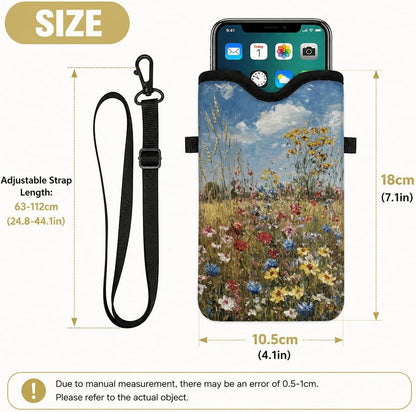 Neoprene Phone Sleeve Pouch Case Bag for Women Men with Crossbody Strap, 7.1x3.9 in, Shockproof Black Cat Mobile Protection Case Bag with Neck Lanyard, Black Cat Garden, Gift for Cats Lovers - Colors B
