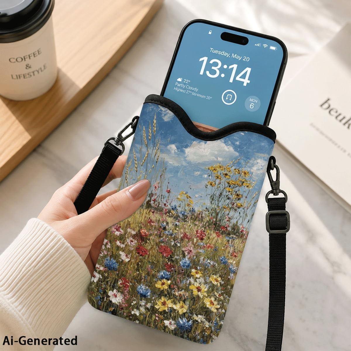 Neoprene Phone Sleeve Pouch Case Bag for Women Men with Crossbody Strap, 7.1x3.9 in, Shockproof Black Cat Mobile Protection Case Bag with Neck Lanyard, Black Cat Garden, Gift for Cats Lovers - Colors B