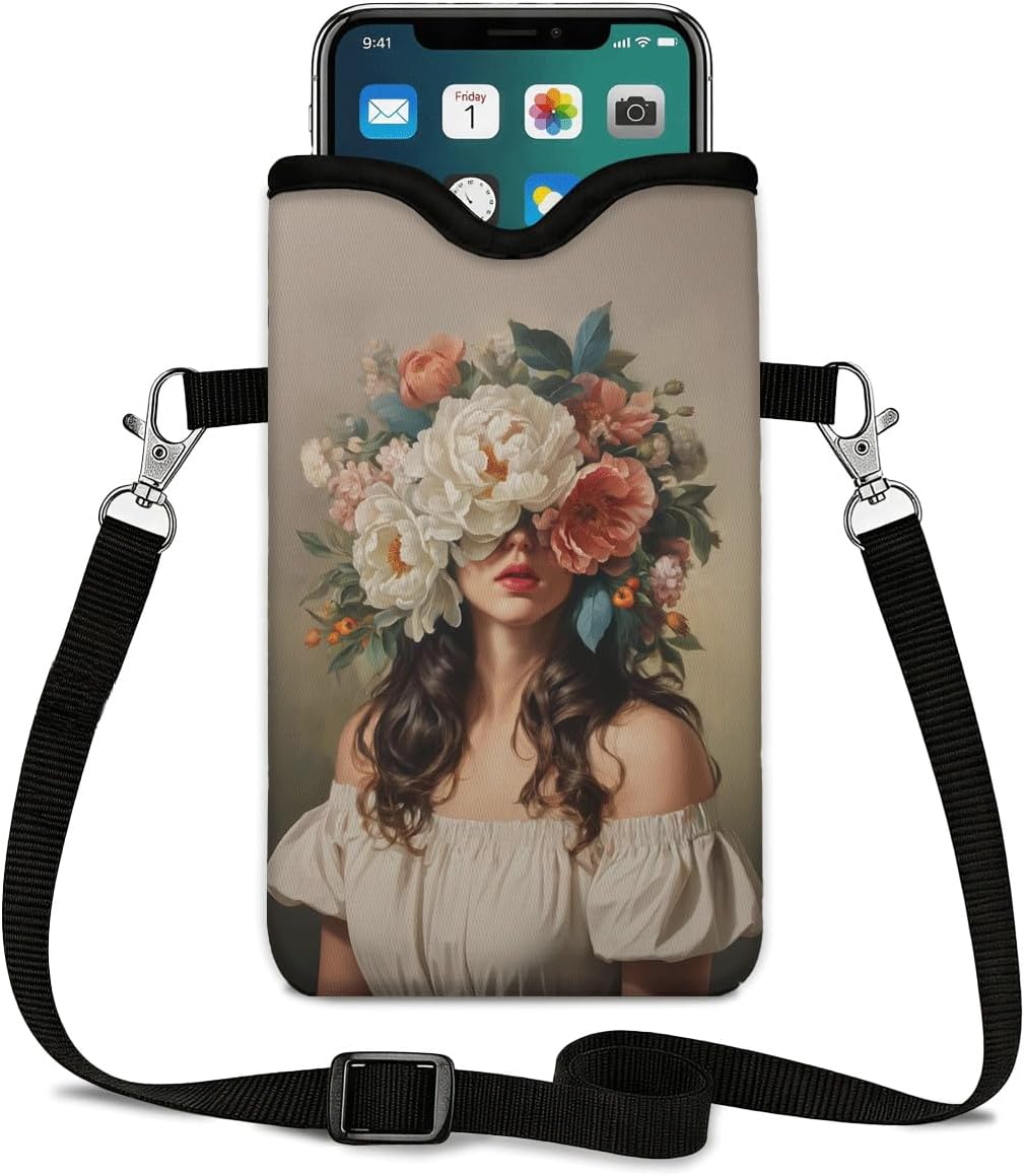 Neoprene Phone Sleeve Pouch Case Bag for Women Men with Crossbody Strap, 7.1x3.9 in, Shockproof Black Cat Mobile Protection Case Bag with Neck Lanyard, Black Cat Garden, Gift for Cats Lovers - Colors B