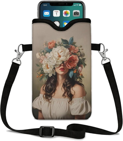 Neoprene Phone Sleeve Pouch Case Bag for Women Men with Crossbody Strap, 7.1x3.9 in, Shockproof Black Cat Mobile Protection Case Bag with Neck Lanyard, Black Cat Garden, Gift for Cats Lovers - Colors B