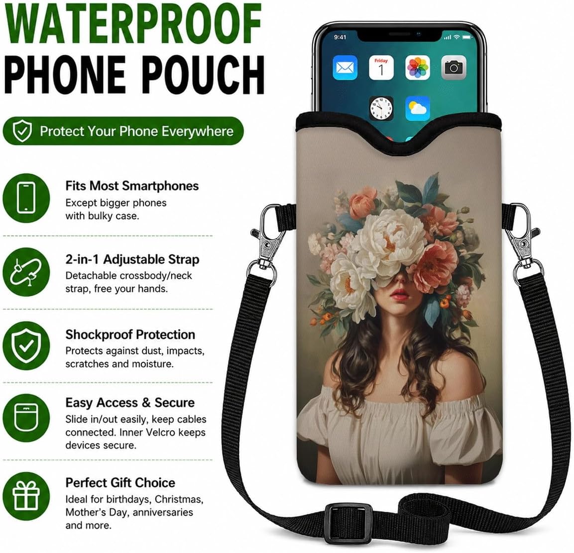Neoprene Phone Sleeve Pouch Case Bag for Women Men with Crossbody Strap, 7.1x3.9 in, Shockproof Black Cat Mobile Protection Case Bag with Neck Lanyard, Black Cat Garden, Gift for Cats Lovers - Colors B