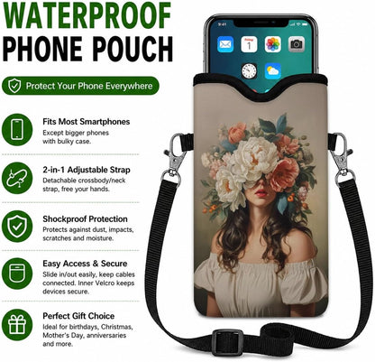 Neoprene Phone Sleeve Pouch Case Bag for Women Men with Crossbody Strap, 7.1x3.9 in, Shockproof Black Cat Mobile Protection Case Bag with Neck Lanyard, Black Cat Garden, Gift for Cats Lovers - Colors B