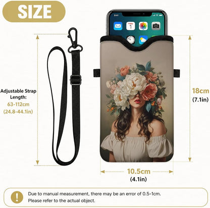 Neoprene Phone Sleeve Pouch Case Bag for Women Men with Crossbody Strap, 7.1x3.9 in, Shockproof Black Cat Mobile Protection Case Bag with Neck Lanyard, Black Cat Garden, Gift for Cats Lovers - Colors B