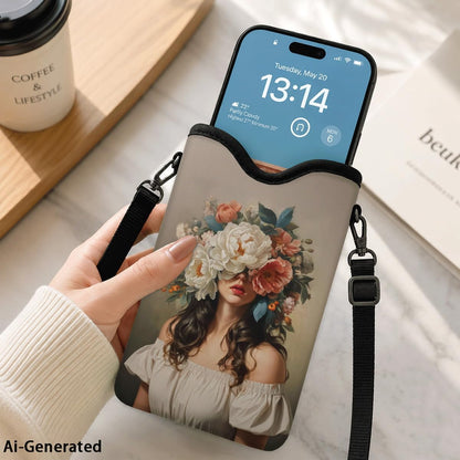 Neoprene Phone Sleeve Pouch Case Bag for Women Men with Crossbody Strap, 7.1x3.9 in, Shockproof Black Cat Mobile Protection Case Bag with Neck Lanyard, Black Cat Garden, Gift for Cats Lovers - Colors B