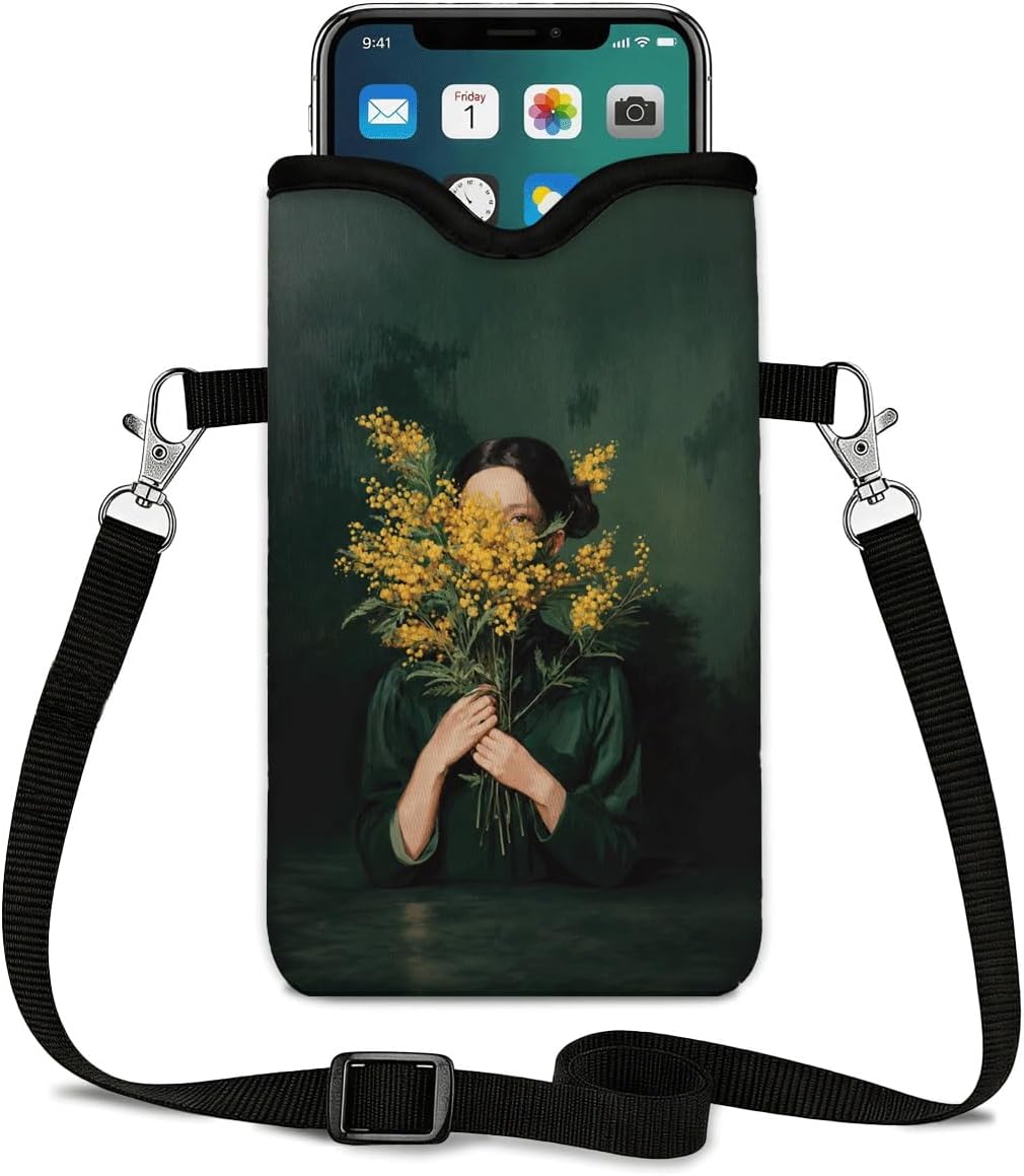 Neoprene Phone Sleeve Pouch Case Bag for Women Men with Crossbody Strap, 7.1x3.9 in, Shockproof Black Cat Mobile Protection Case Bag with Neck Lanyard, Black Cat Garden, Gift for Cats Lovers - Colors B