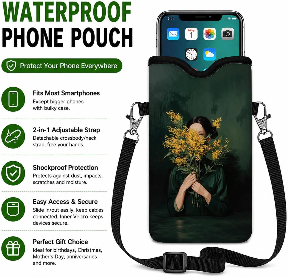 Neoprene Phone Sleeve Pouch Case Bag for Women Men with Crossbody Strap, 7.1x3.9 in, Shockproof Black Cat Mobile Protection Case Bag with Neck Lanyard, Black Cat Garden, Gift for Cats Lovers - Colors B
