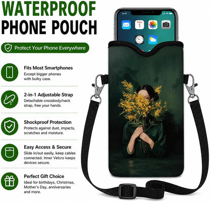 Neoprene Phone Sleeve Pouch Case Bag for Women Men with Crossbody Strap, 7.1x3.9 in, Shockproof Black Cat Mobile Protection Case Bag with Neck Lanyard, Black Cat Garden, Gift for Cats Lovers - Colors B